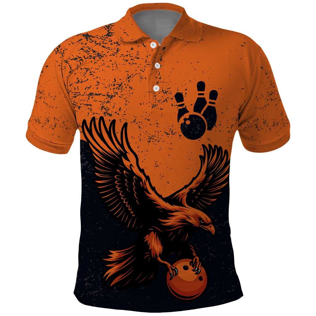 Flying Eagle Carrying Bowling Ball Polo Shirt with Grunge Orange and Black Splatter Design - Wonder Print Shop