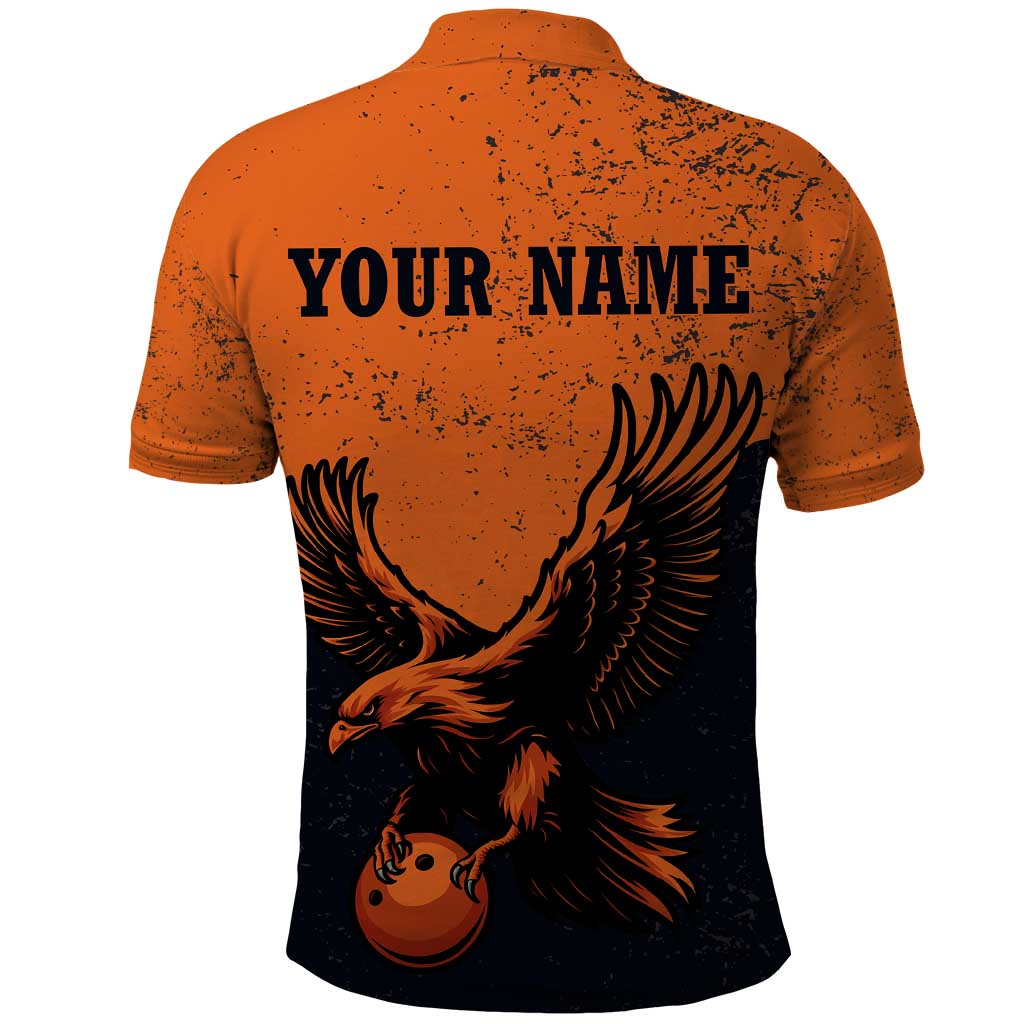Flying Eagle Carrying Bowling Ball Polo Shirt with Grunge Orange and Black Splatter Design - Wonder Print Shop