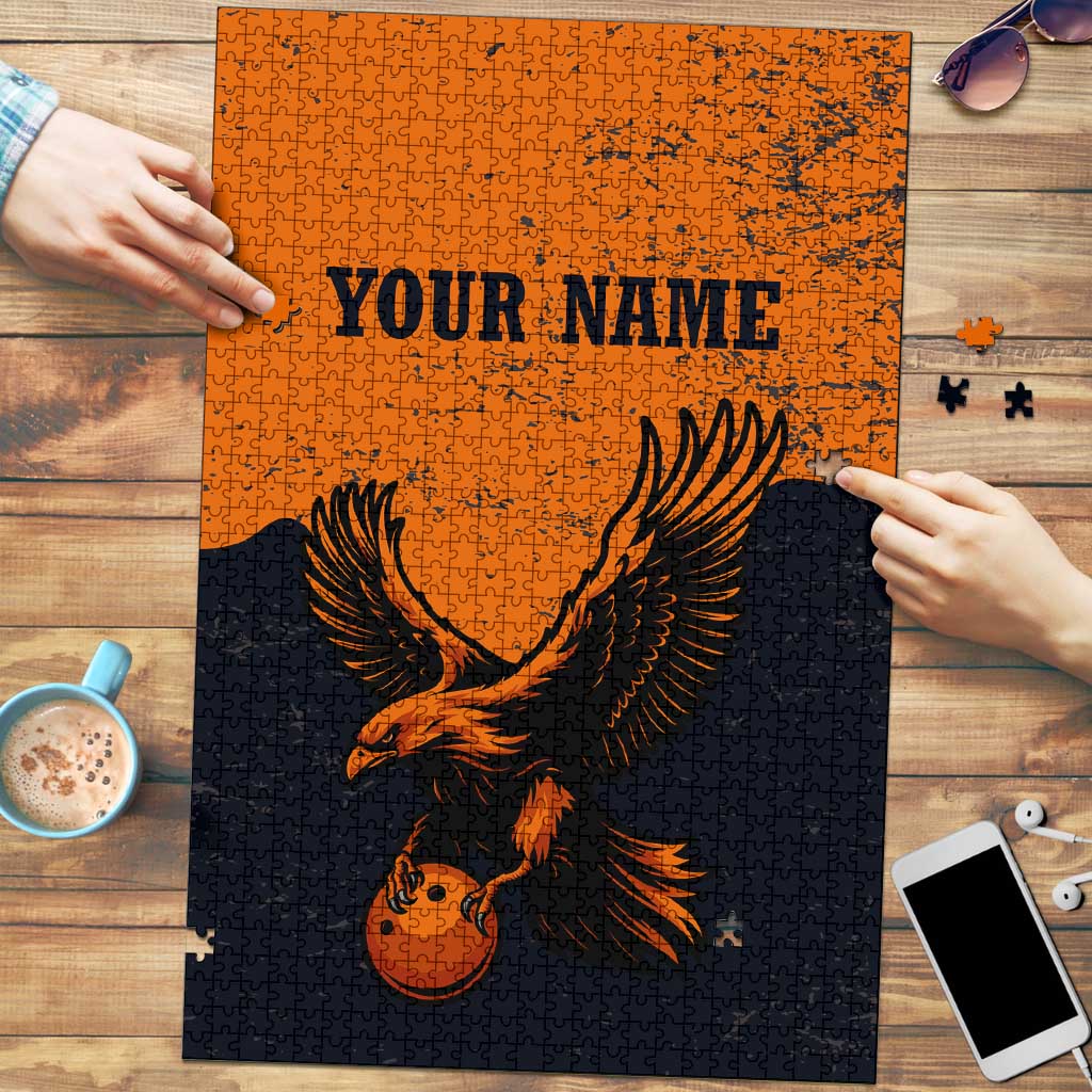 Flying Eagle Carrying Bowling Ball Puzzle with Grunge Orange and Black Splatter Design - Wonder Print Shop