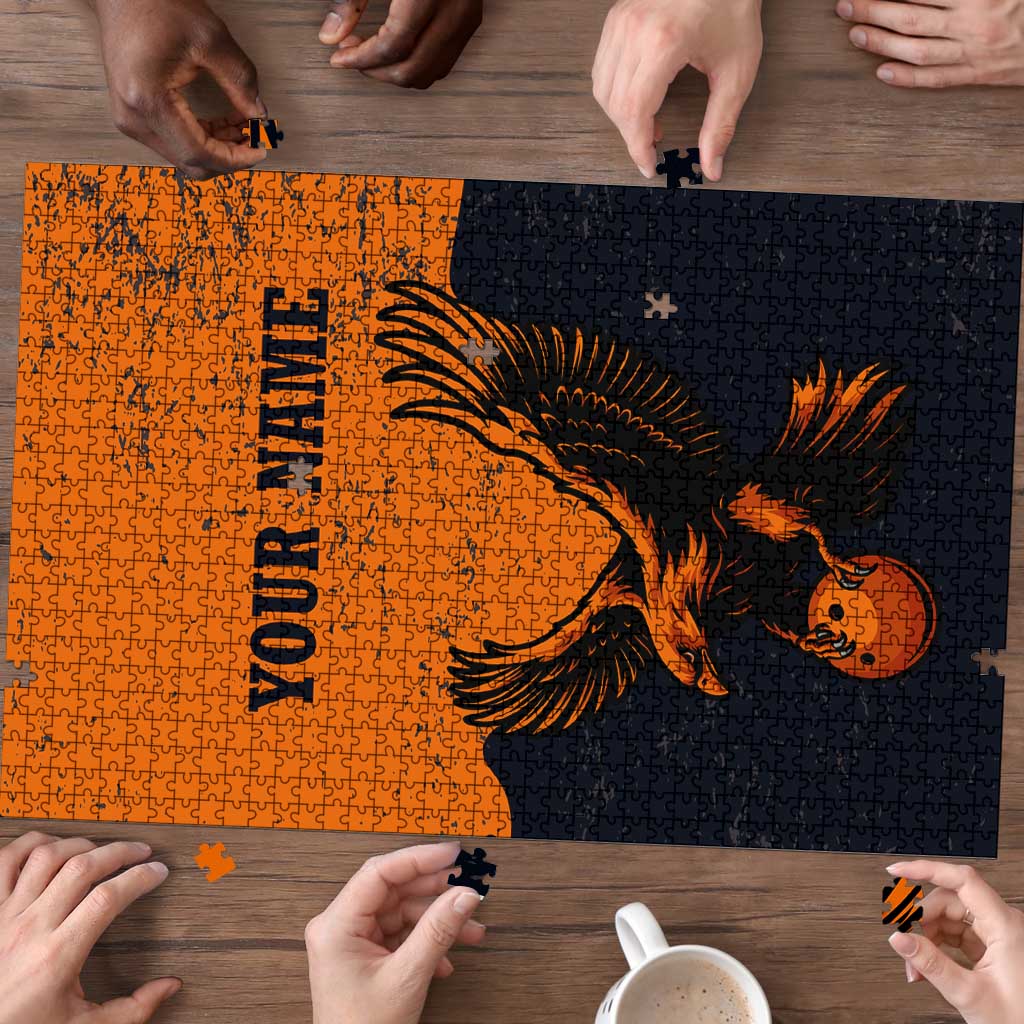 Flying Eagle Carrying Bowling Ball Puzzle with Grunge Orange and Black Splatter Design - Wonder Print Shop