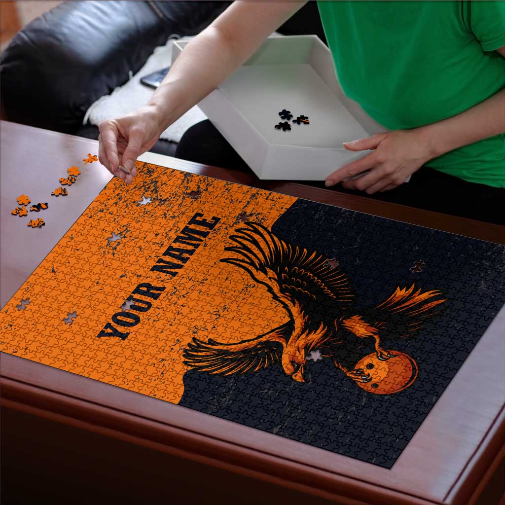 Flying Eagle Carrying Bowling Ball Puzzle with Grunge Orange and Black Splatter Design - Wonder Print Shop