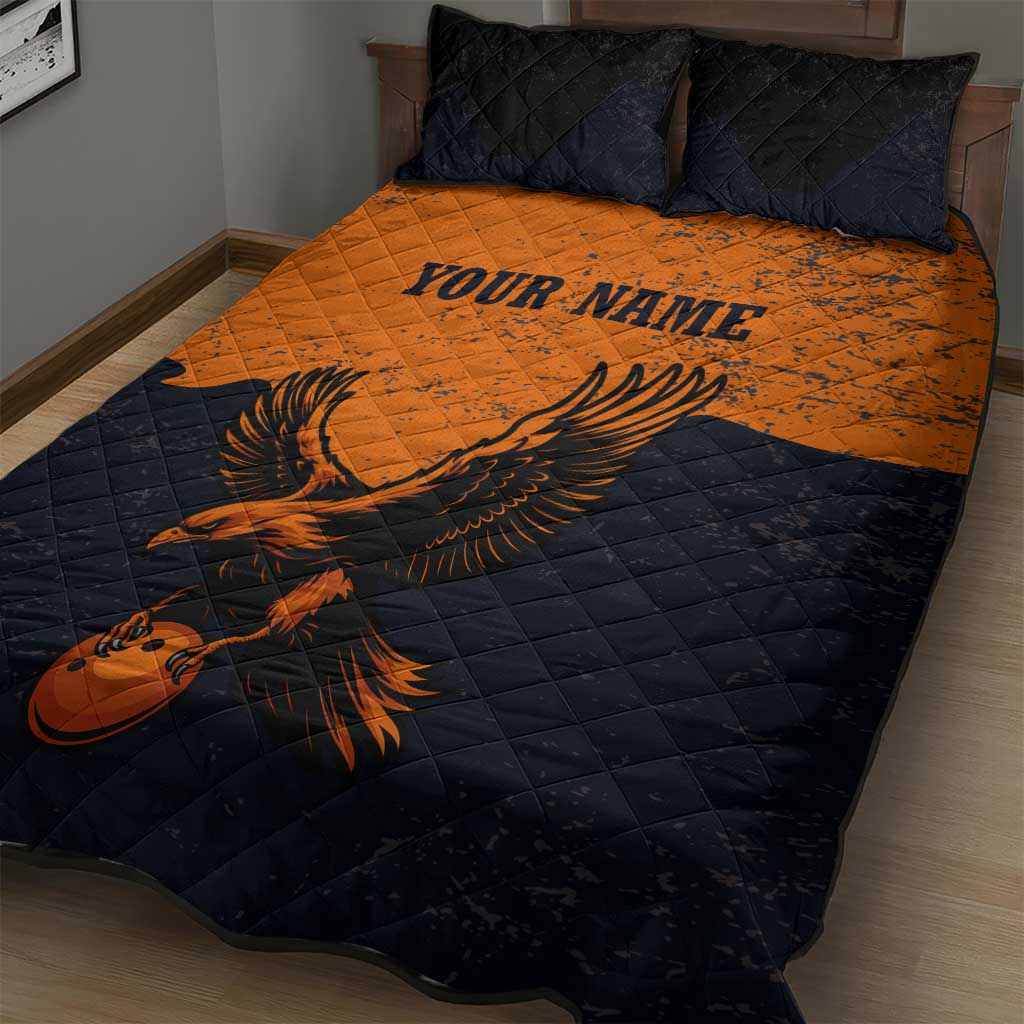 Flying Eagle Carrying Bowling Ball Quilt Bed Set with Grunge Orange and Black Splatter Design - Wonder Print Shop
