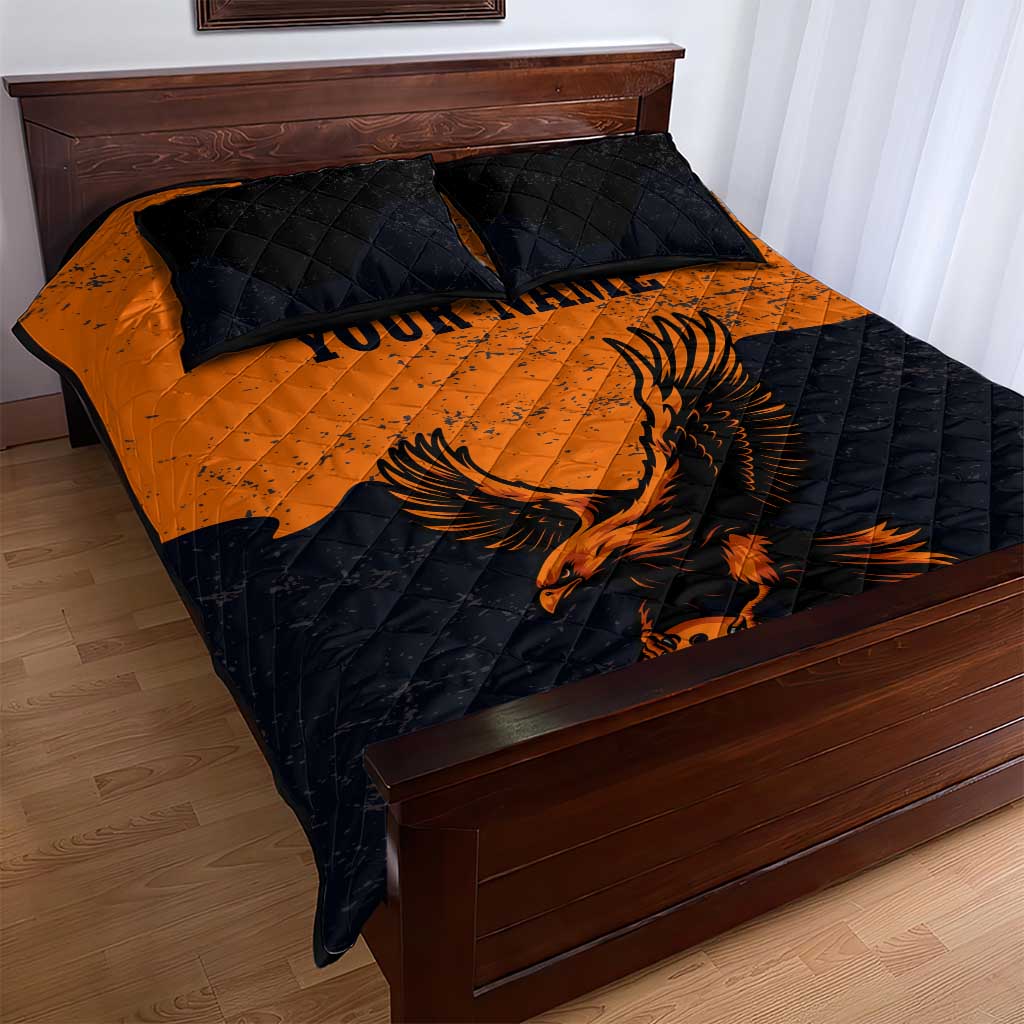 Flying Eagle Carrying Bowling Ball Quilt Bed Set with Grunge Orange and Black Splatter Design - Wonder Print Shop