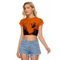 Flying Eagle Carrying Bowling Ball Raglan Cropped T Shirt with Grunge Orange and Black Splatter Design - Wonder Print Shop