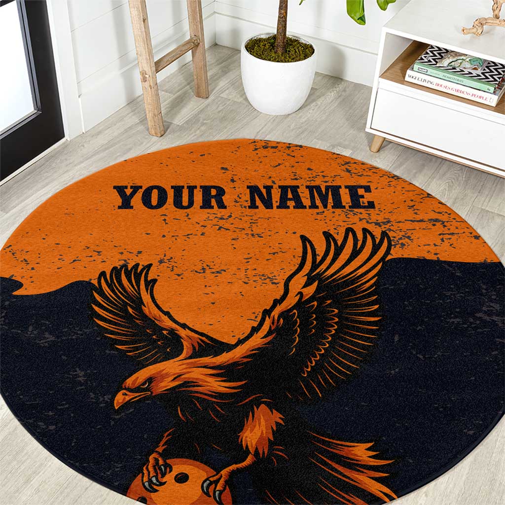 Flying Eagle Carrying Bowling Ball Round Carpet with Grunge Orange and Black Splatter Design - Wonder Print Shop