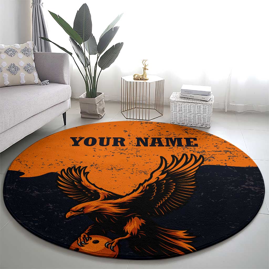 Flying Eagle Carrying Bowling Ball Round Carpet with Grunge Orange and Black Splatter Design - Wonder Print Shop