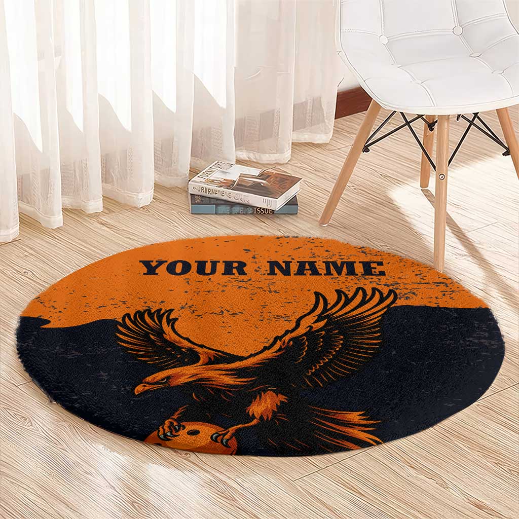 Flying Eagle Carrying Bowling Ball Round Carpet with Grunge Orange and Black Splatter Design - Wonder Print Shop
