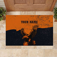 Flying Eagle Carrying Bowling Ball Rubber Doormat with Grunge Orange and Black Splatter Design - Wonder Print Shop