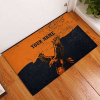 Flying Eagle Carrying Bowling Ball Rubber Doormat with Grunge Orange and Black Splatter Design - Wonder Print Shop