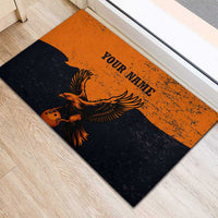 Flying Eagle Carrying Bowling Ball Rubber Doormat with Grunge Orange and Black Splatter Design - Wonder Print Shop