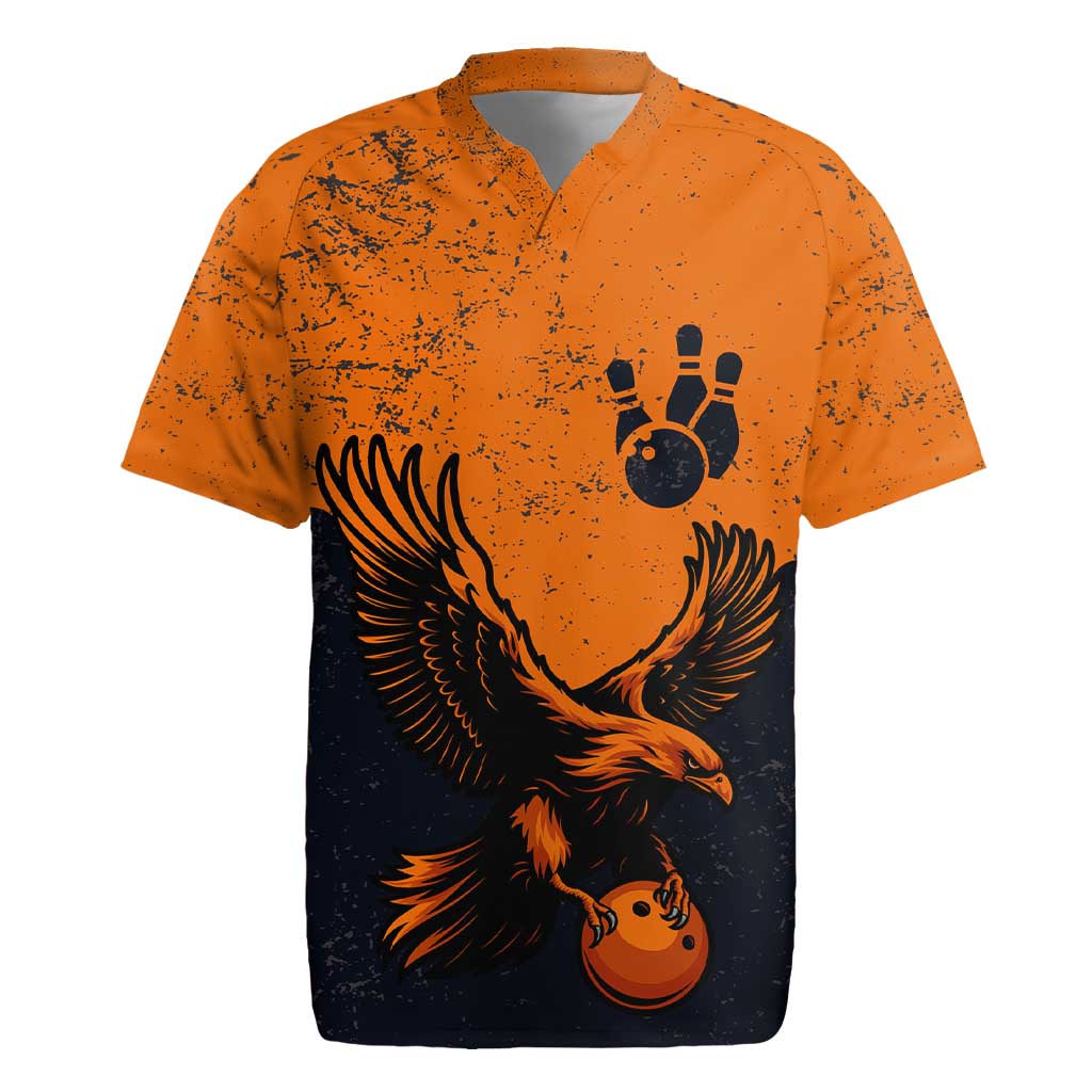 Flying Eagle Carrying Bowling Ball Rugby Jersey with Grunge Orange and Black Splatter Design - Wonder Print Shop