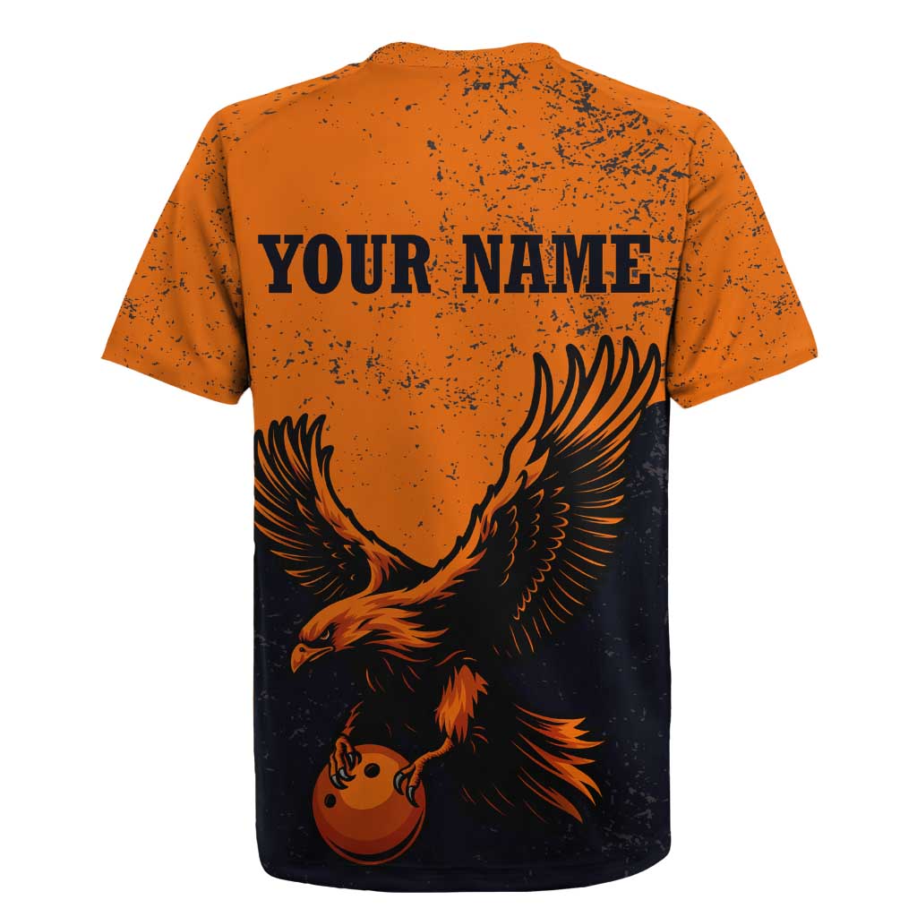 Flying Eagle Carrying Bowling Ball Rugby Jersey with Grunge Orange and Black Splatter Design - Wonder Print Shop