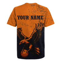 Flying Eagle Carrying Bowling Ball Rugby Jersey with Grunge Orange and Black Splatter Design - Wonder Print Shop