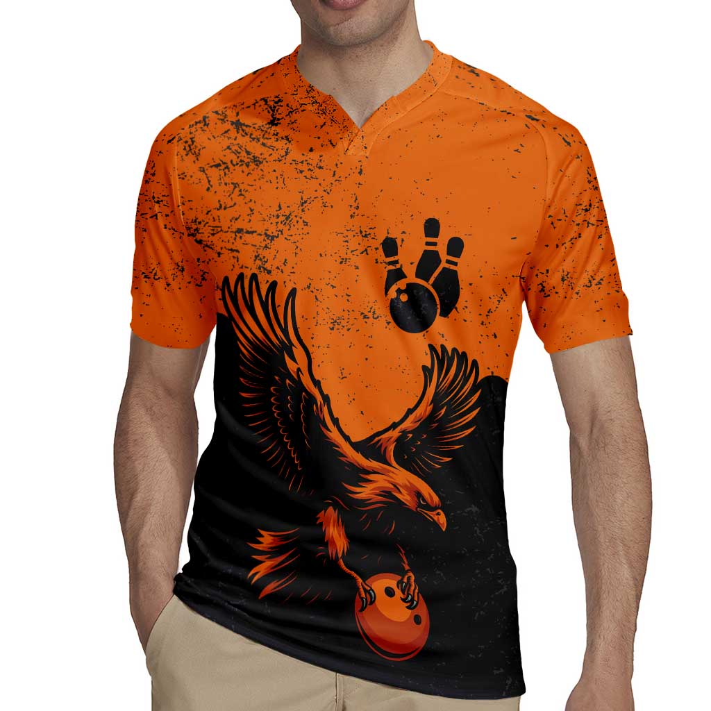 Flying Eagle Carrying Bowling Ball Rugby Jersey with Grunge Orange and Black Splatter Design - Wonder Print Shop