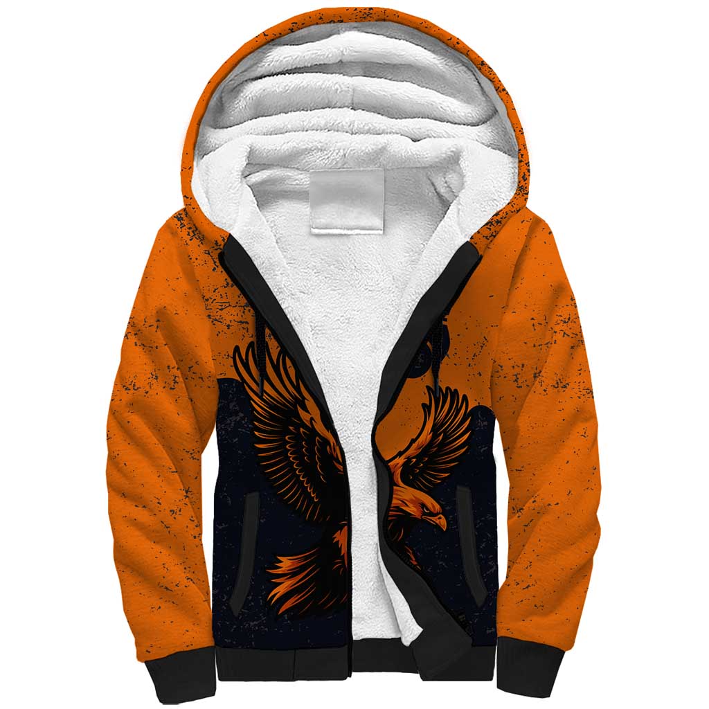 Flying Eagle Carrying Bowling Ball Sherpa Hoodie with Grunge Orange and Black Splatter Design - Wonder Print Shop