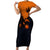 Flying Eagle Carrying Bowling Ball Short Sleeve Bodycon Dress with Grunge Orange and Black Splatter Design - Wonder Print Shop