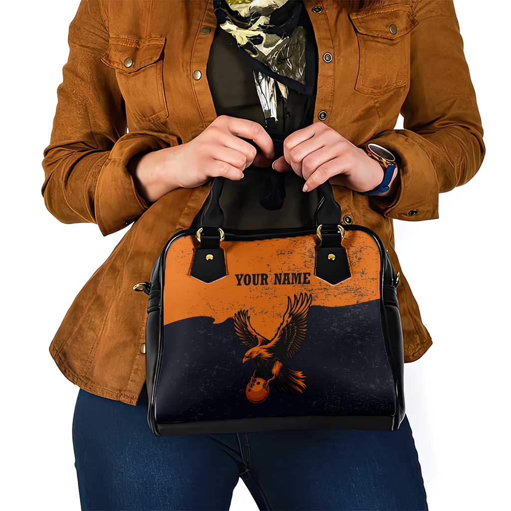 Flying Eagle Carrying Bowling Ball Shoulder Handbag with Grunge Orange and Black Splatter Design - Wonder Print Shop
