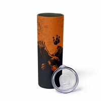 Flying Eagle Carrying Bowling Ball Skinny Tumbler with Grunge Orange and Black Splatter Design - Wonder Print Shop