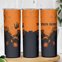 Flying Eagle Carrying Bowling Ball Skinny Tumbler with Grunge Orange and Black Splatter Design - Wonder Print Shop