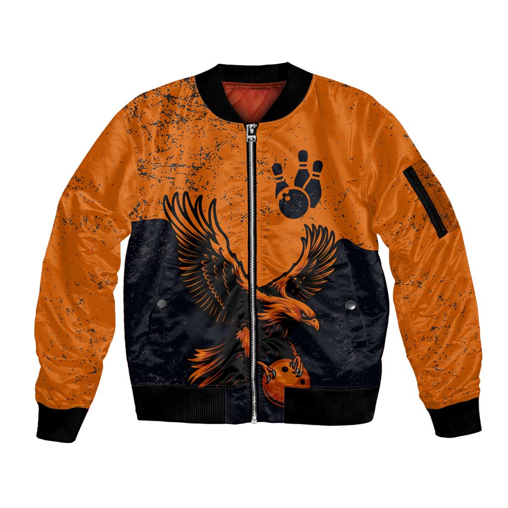 Flying Eagle Carrying Bowling Ball Sleeve Zip Bomber Jacket with Grunge Orange and Black Splatter Design - Wonder Print Shop