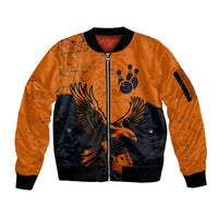 Flying Eagle Carrying Bowling Ball Sleeve Zip Bomber Jacket with Grunge Orange and Black Splatter Design - Wonder Print Shop