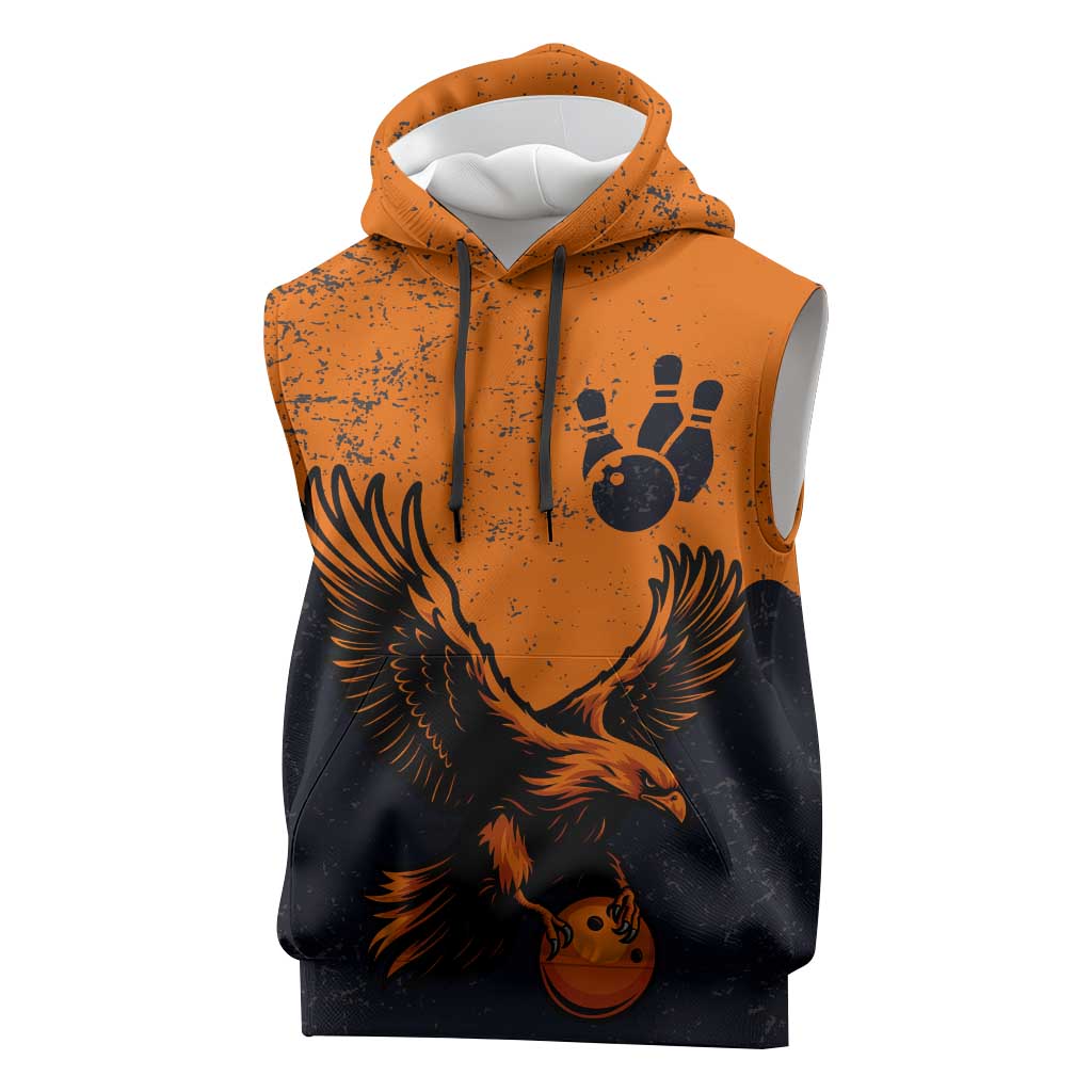 Flying Eagle Carrying Bowling Ball Sleeveless Hoodie with Grunge Orange and Black Splatter Design - Wonder Print Shop