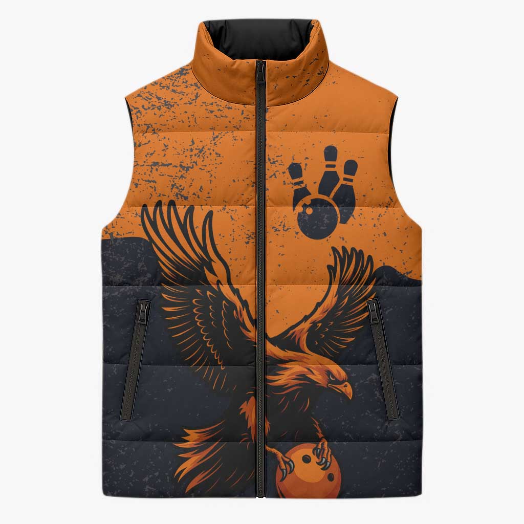 Flying Eagle Carrying Bowling Ball Sleeveless Puffer Jacket with Grunge Orange and Black Splatter Design - Wonder Print Shop
