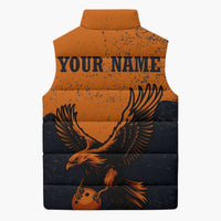 Flying Eagle Carrying Bowling Ball Sleeveless Puffer Jacket with Grunge Orange and Black Splatter Design - Wonder Print Shop