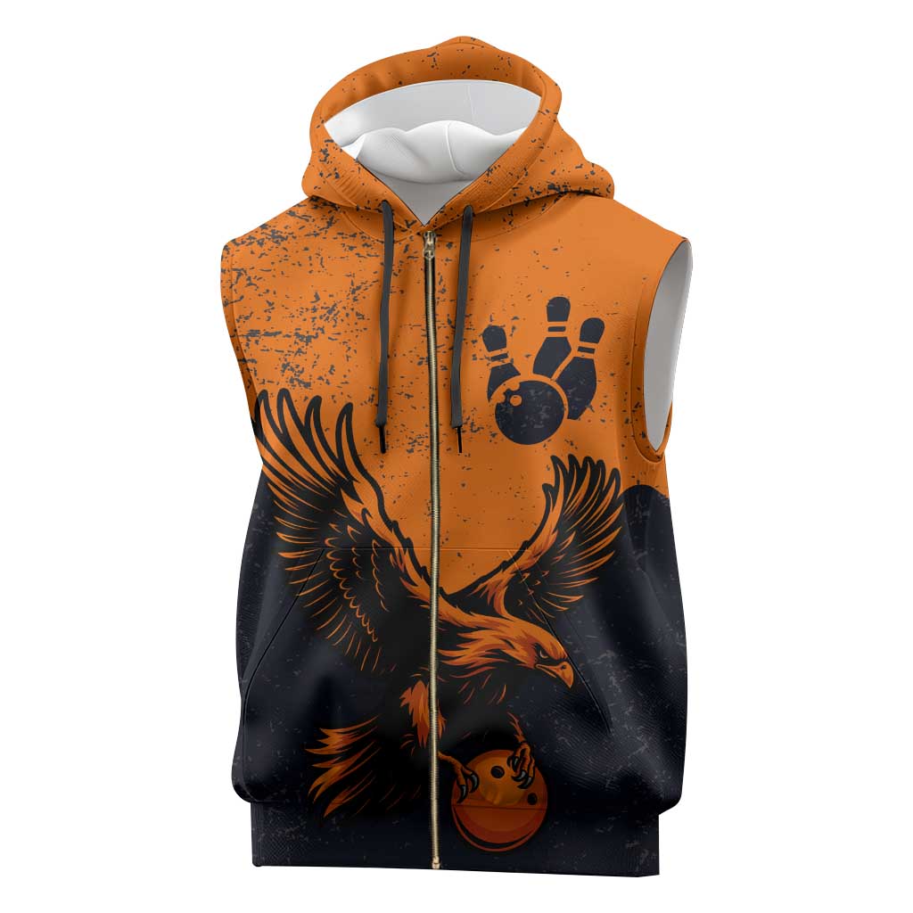 Flying Eagle Carrying Bowling Ball Sleeveless Zip Hoodie with Grunge Orange and Black Splatter Design - Wonder Print Shop