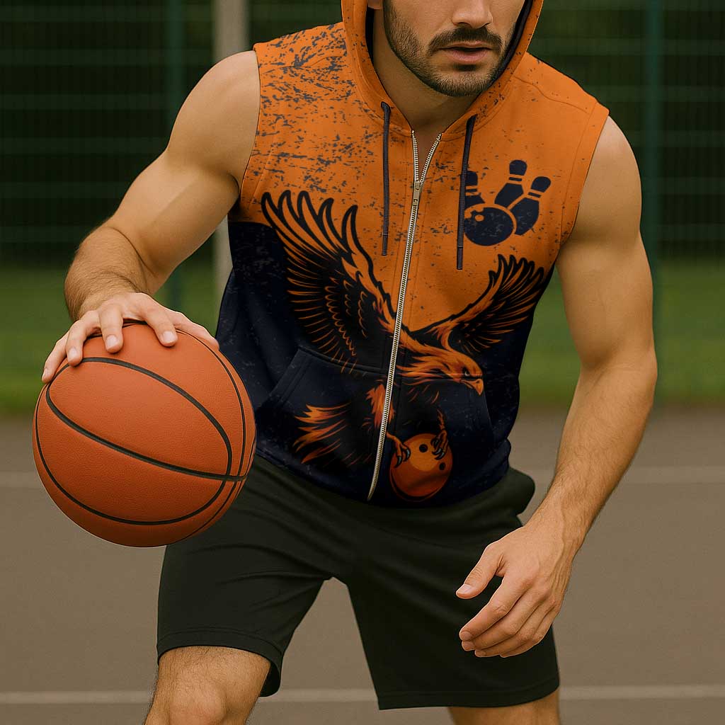 Flying Eagle Carrying Bowling Ball Sleeveless Zip Hoodie with Grunge Orange and Black Splatter Design - Wonder Print Shop