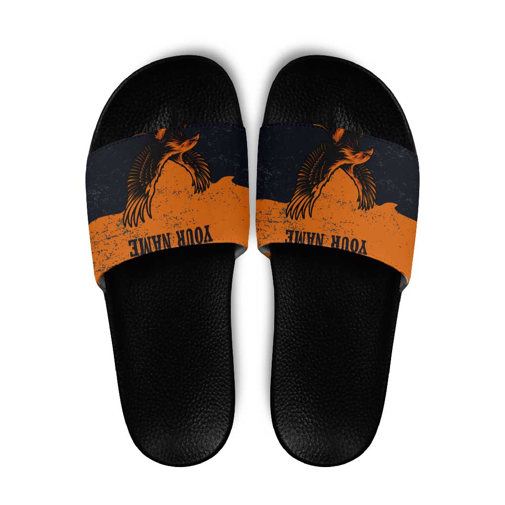 Flying Eagle Carrying Bowling Ball Slide Sandals with Grunge Orange and Black Splatter Design - Wonder Print Shop