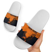 Flying Eagle Carrying Bowling Ball Slide Sandals with Grunge Orange and Black Splatter Design - Wonder Print Shop