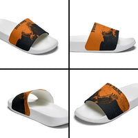Flying Eagle Carrying Bowling Ball Slide Sandals with Grunge Orange and Black Splatter Design - Wonder Print Shop