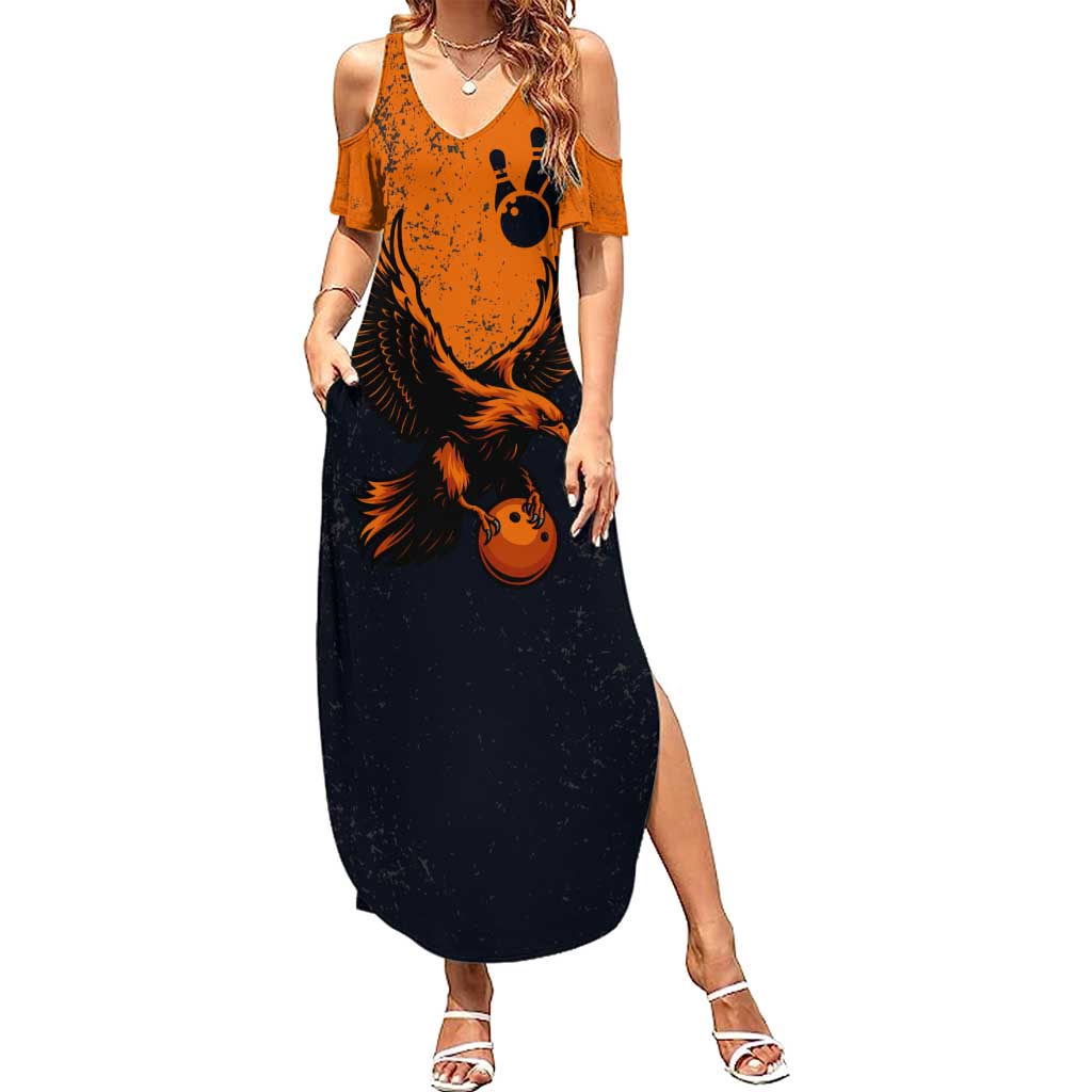 Flying Eagle Carrying Bowling Ball Summer Maxi Dress with Grunge Orange and Black Splatter Design - Wonder Print Shop