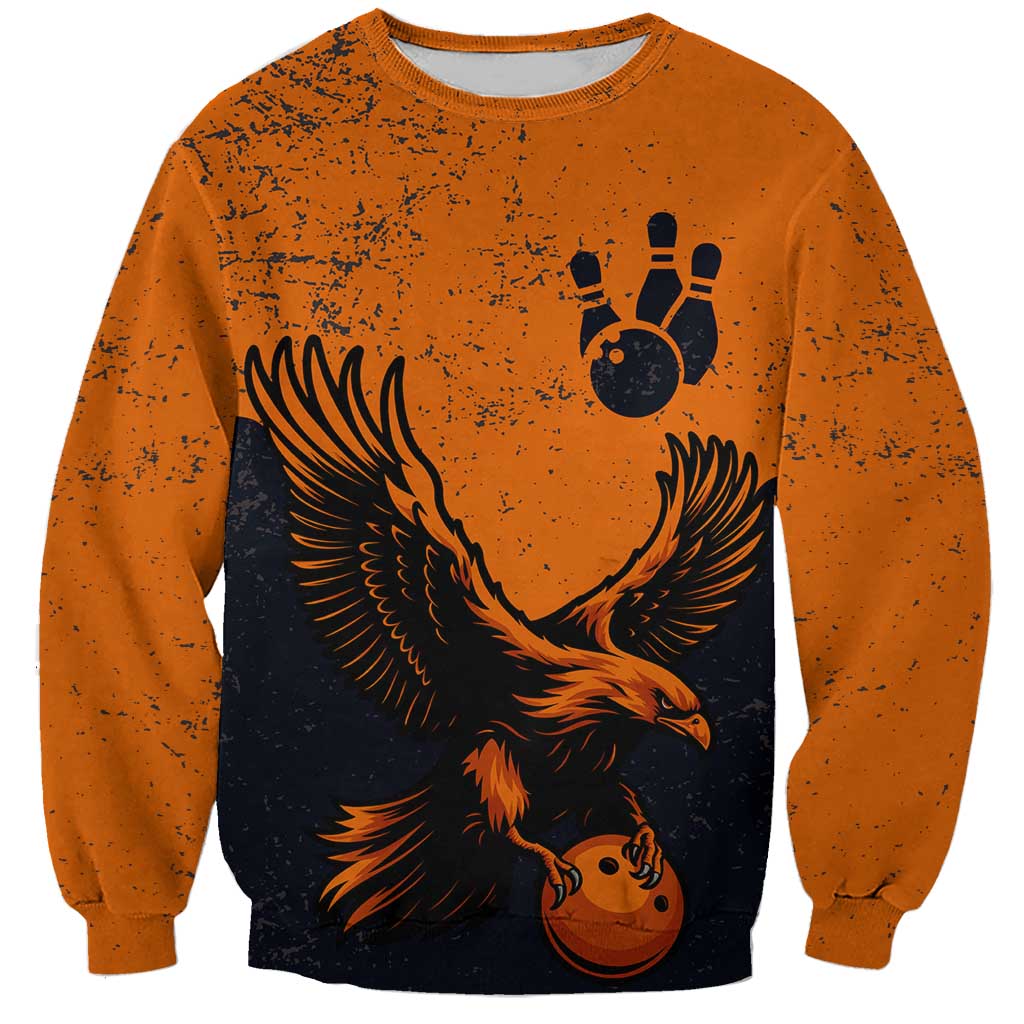Flying Eagle Carrying Bowling Ball Sweatshirt with Grunge Orange and Black Splatter Design - Wonder Print Shop