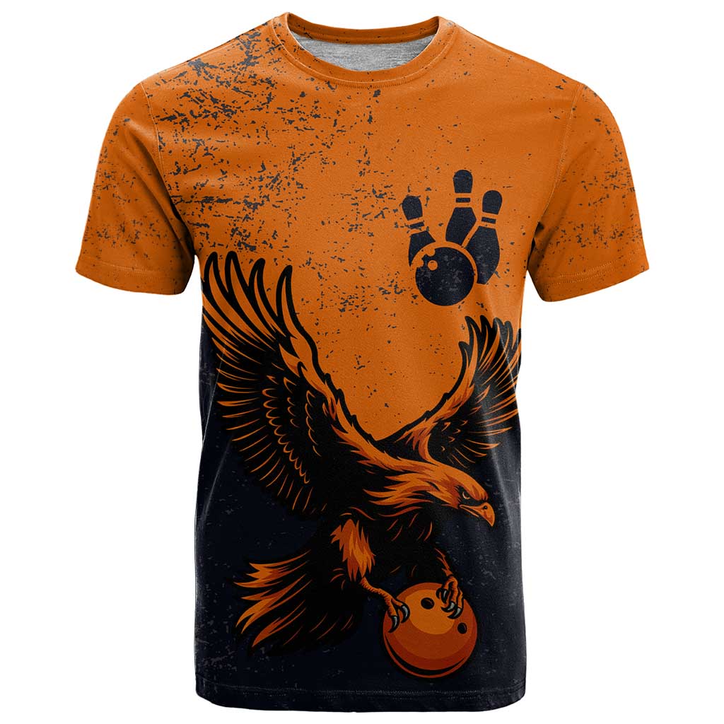 Flying Eagle Carrying Bowling Ball T Shirt with Grunge Orange and Black Splatter Design - Wonder Print Shop