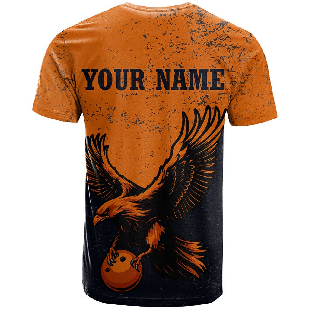 Flying Eagle Carrying Bowling Ball T Shirt with Grunge Orange and Black Splatter Design - Wonder Print Shop