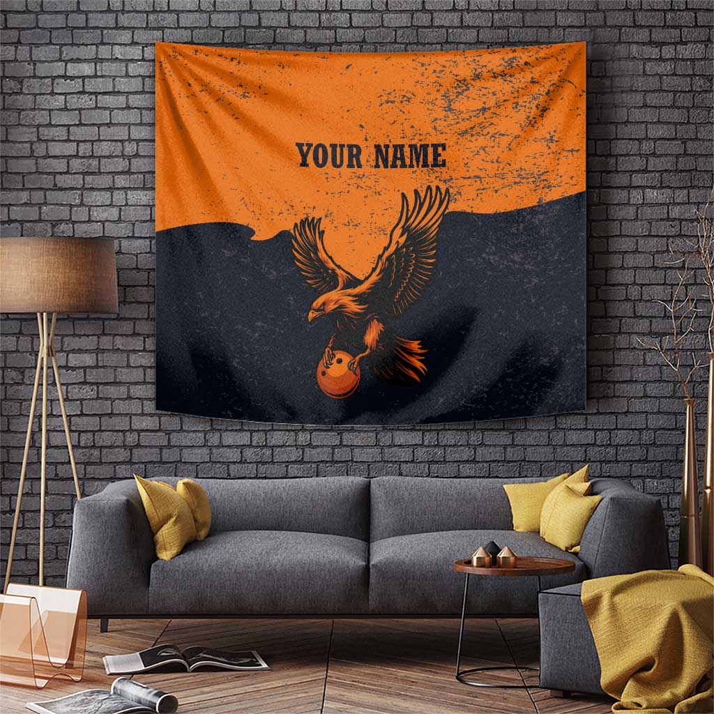 Flying Eagle Carrying Bowling Ball Tapestry with Grunge Orange and Black Splatter Design - Wonder Print Shop
