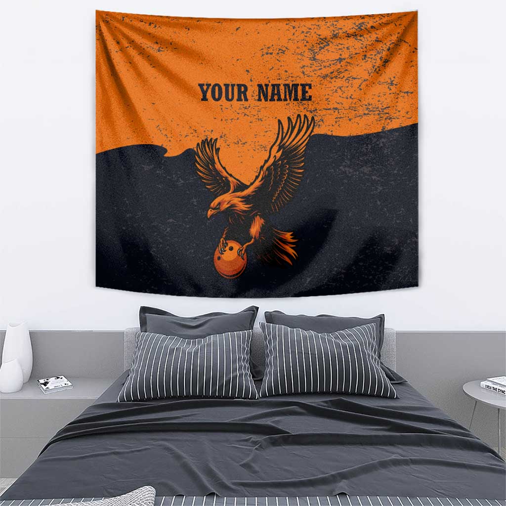 Flying Eagle Carrying Bowling Ball Tapestry with Grunge Orange and Black Splatter Design - Wonder Print Shop