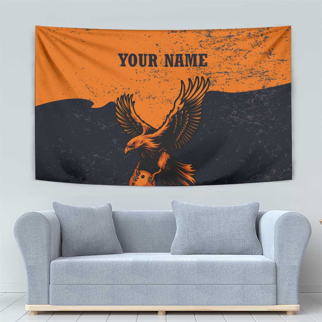 Flying Eagle Carrying Bowling Ball Tapestry with Grunge Orange and Black Splatter Design - Wonder Print Shop