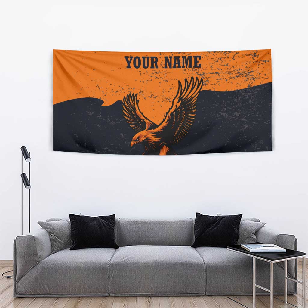 Flying Eagle Carrying Bowling Ball Tapestry with Grunge Orange and Black Splatter Design - Wonder Print Shop