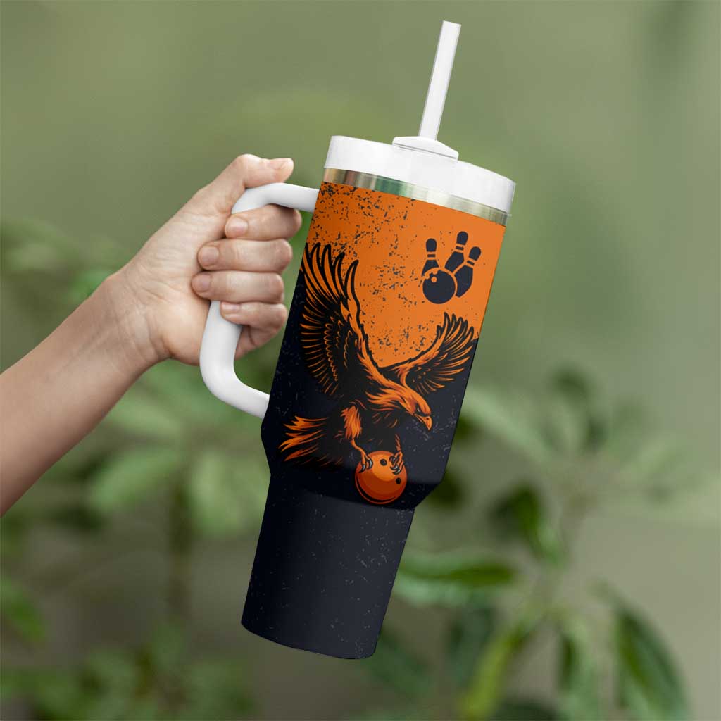 Flying Eagle Carrying Bowling Ball Tumbler With Handle with Grunge Orange and Black Splatter Design - Wonder Print Shop