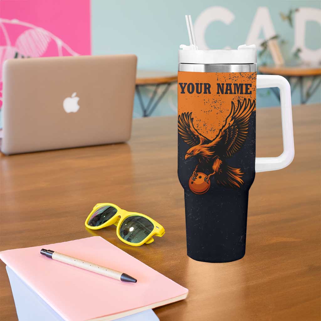 Flying Eagle Carrying Bowling Ball Tumbler With Handle with Grunge Orange and Black Splatter Design - Wonder Print Shop