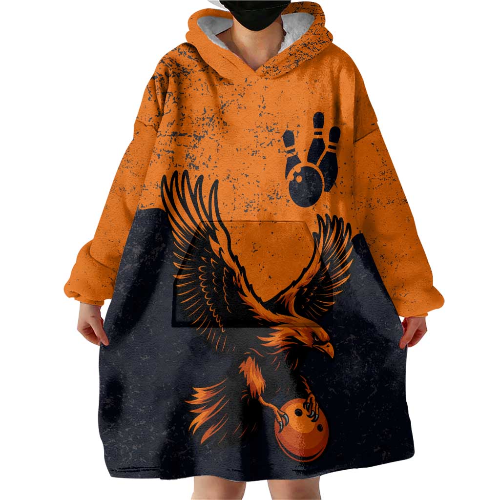 Flying Eagle Carrying Bowling Ball Wearable Blanket Hoodie with Grunge Orange and Black Splatter Design - Wonder Print Shop
