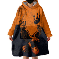 Flying Eagle Carrying Bowling Ball Wearable Blanket Hoodie with Grunge Orange and Black Splatter Design - Wonder Print Shop