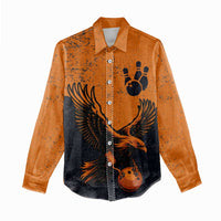 Flying Eagle Carrying Bowling Ball Women Casual Shirt with Grunge Orange and Black Splatter Design - Wonder Print Shop