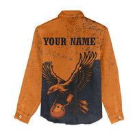 Flying Eagle Carrying Bowling Ball Women Casual Shirt with Grunge Orange and Black Splatter Design - Wonder Print Shop