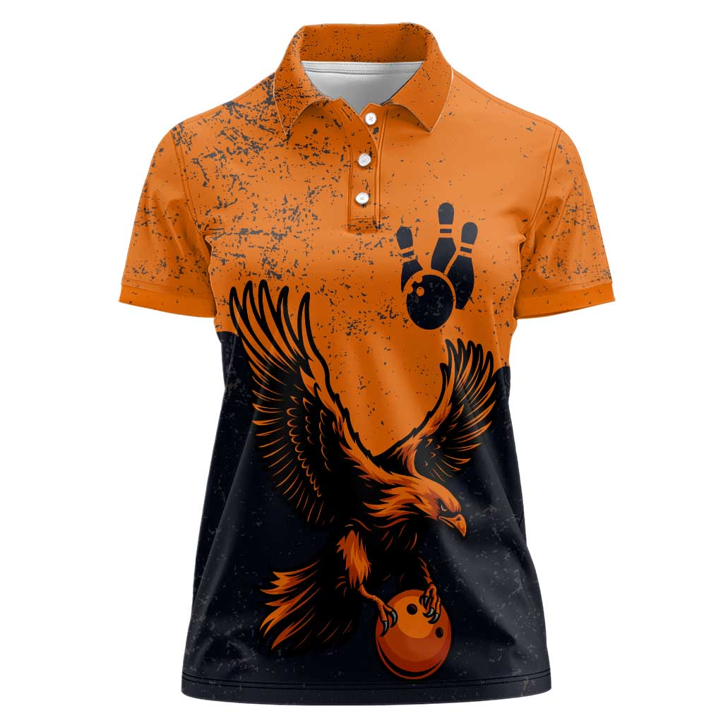 Flying Eagle Carrying Bowling Ball Women Polo Shirt with Grunge Orange and Black Splatter Design - Wonder Print Shop
