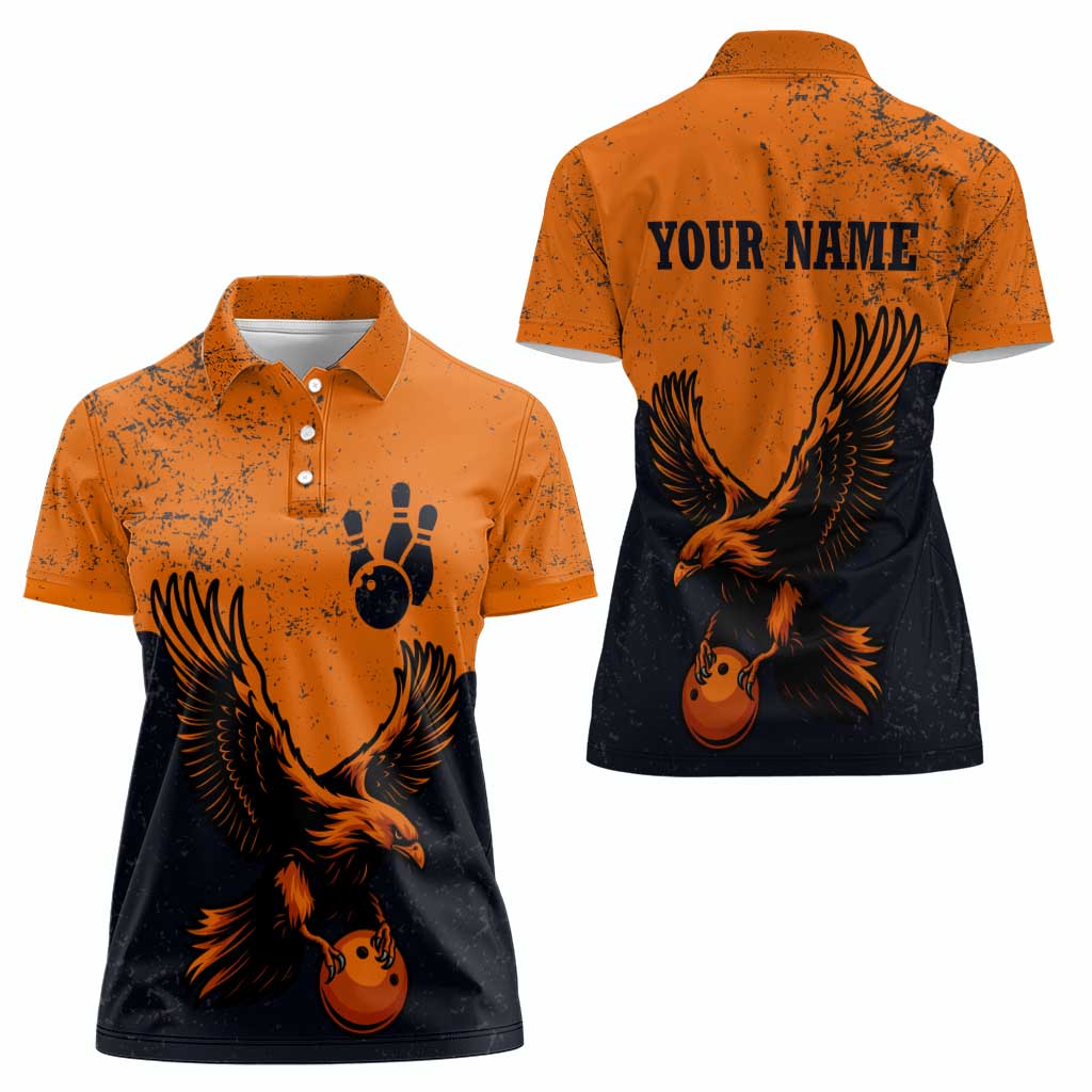 Flying Eagle Carrying Bowling Ball Women Polo Shirt with Grunge Orange and Black Splatter Design - Wonder Print Shop