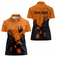 Flying Eagle Carrying Bowling Ball Women Polo Shirt with Grunge Orange and Black Splatter Design - Wonder Print Shop
